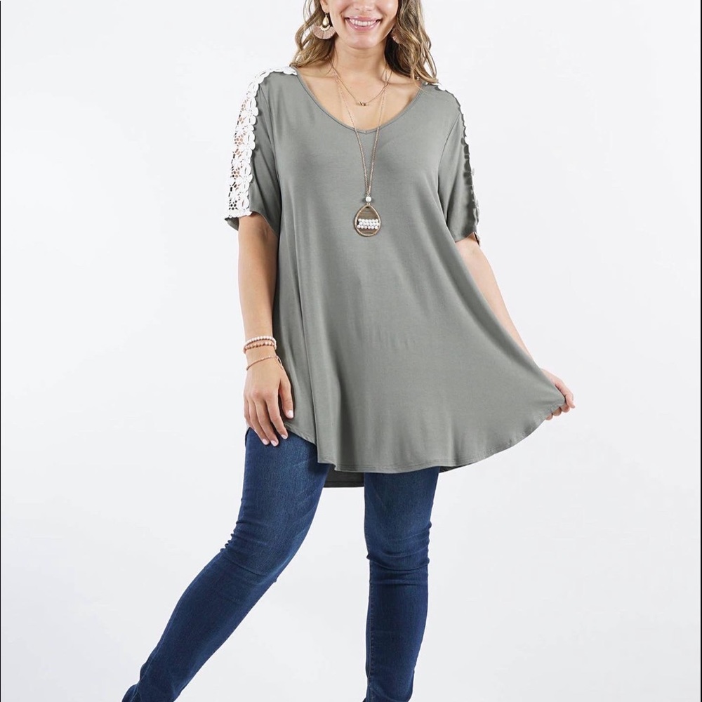 V Neck Tunic  With Crochet Accent Sleeves
